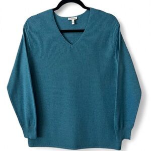 Ella Moss Ribbed V Neck Pullover Sweater Top Size Small Teal Blue Oversized